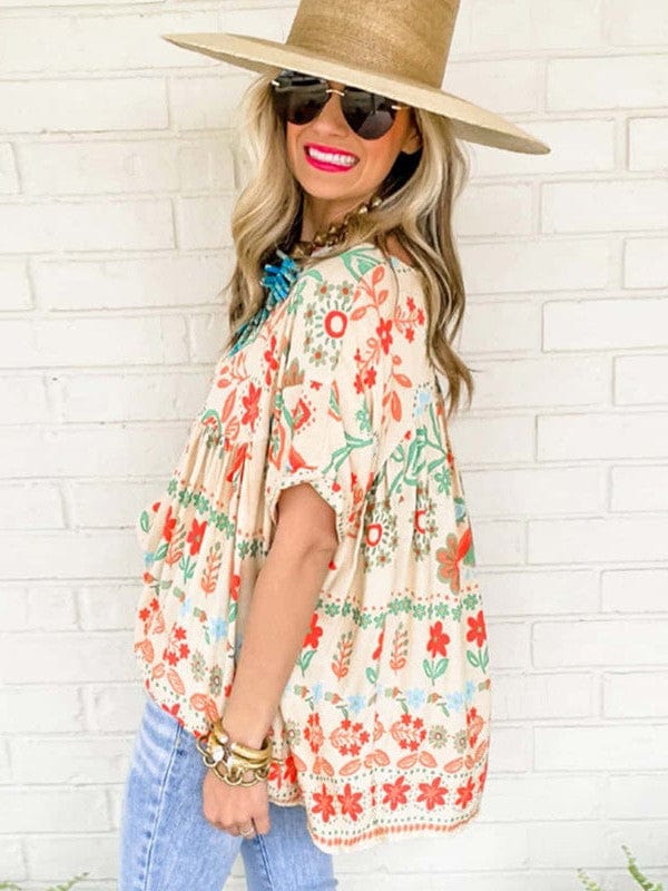 Colorful Loose Retro Flower Print Chiffon Top