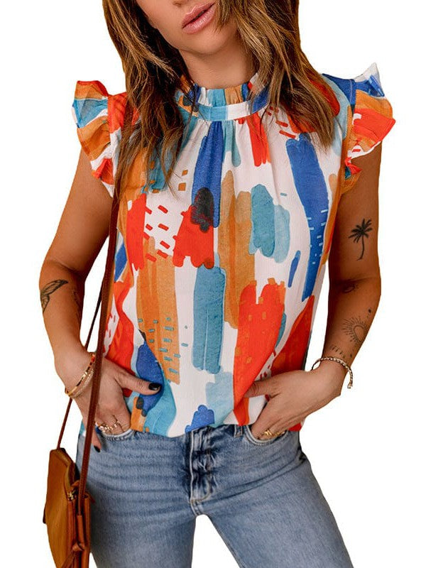 Colorful Loose Sleeveless Women's Printed Tops with Princess Sleeves