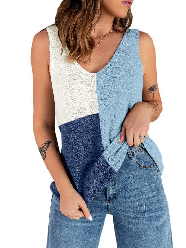 Colorful Sleeveless V-Neck Knitted Vest with Contrast Stitching for Women