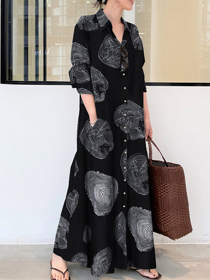 Cotton Printed Long Sleeve Loose Casual Maxi Dress