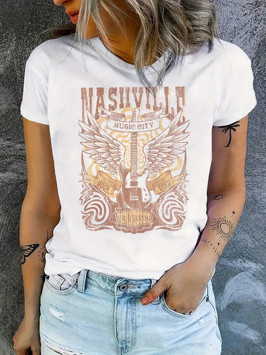 Country Melody Tee: Short Sleeve Crew Neck Casual Top Ideal for Spring & Summer, Women's Apparel