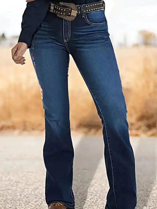 Cowgirl Style Feather Embroidery Bootcut Jeans with Flare Leg - Women's Denim Clothing