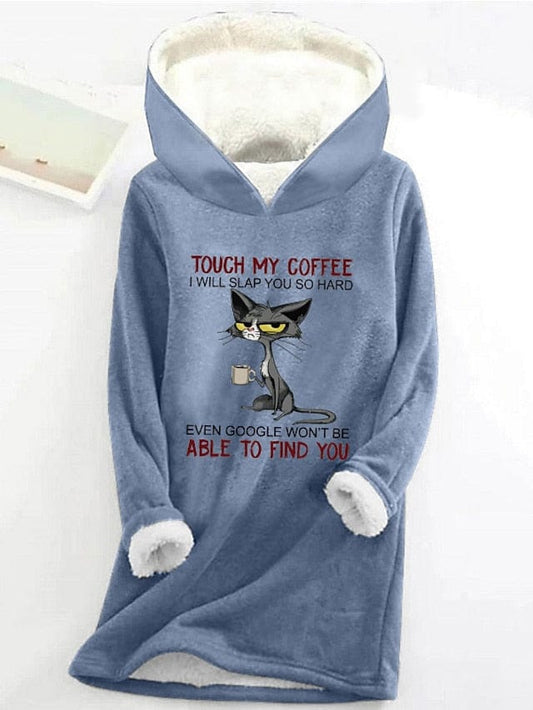 Cozy Cat Letter Print Sherpa Fleece Women's Hoodie Sweatshirt