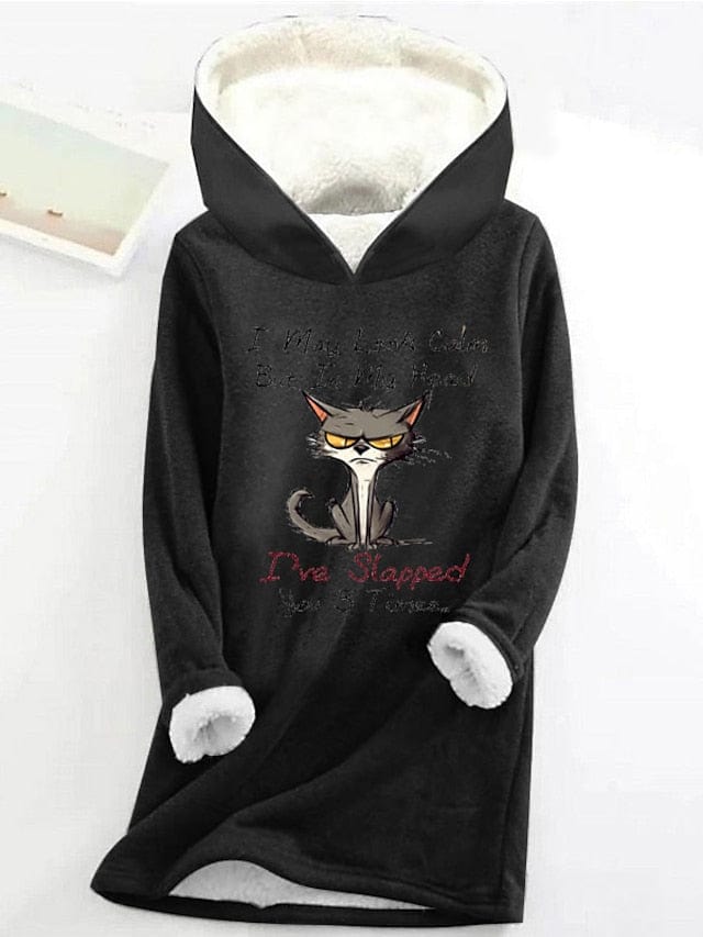 Cozy Cat Pattern Sherpa Fleece Women's Hoodie Sweatshirt
