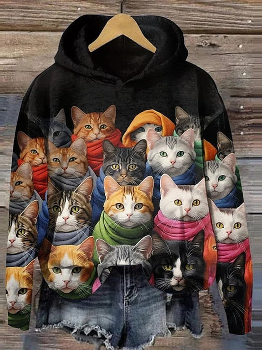 Cozy Cat Print Hoodie for Women's Fall & Winter Wardrobe
