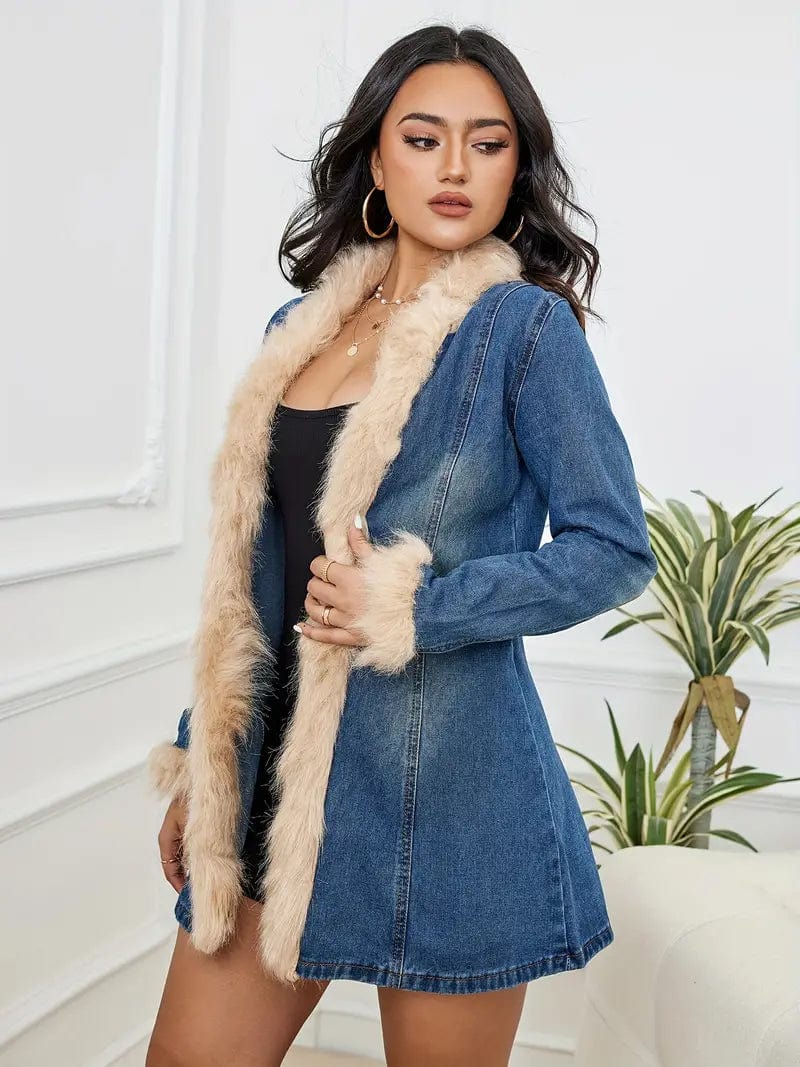 Cozy Fleece Lined Long Sleeve Denim Jacket, Stylish Open Front Winter Outerwear, Women's Jeans & Apparel
