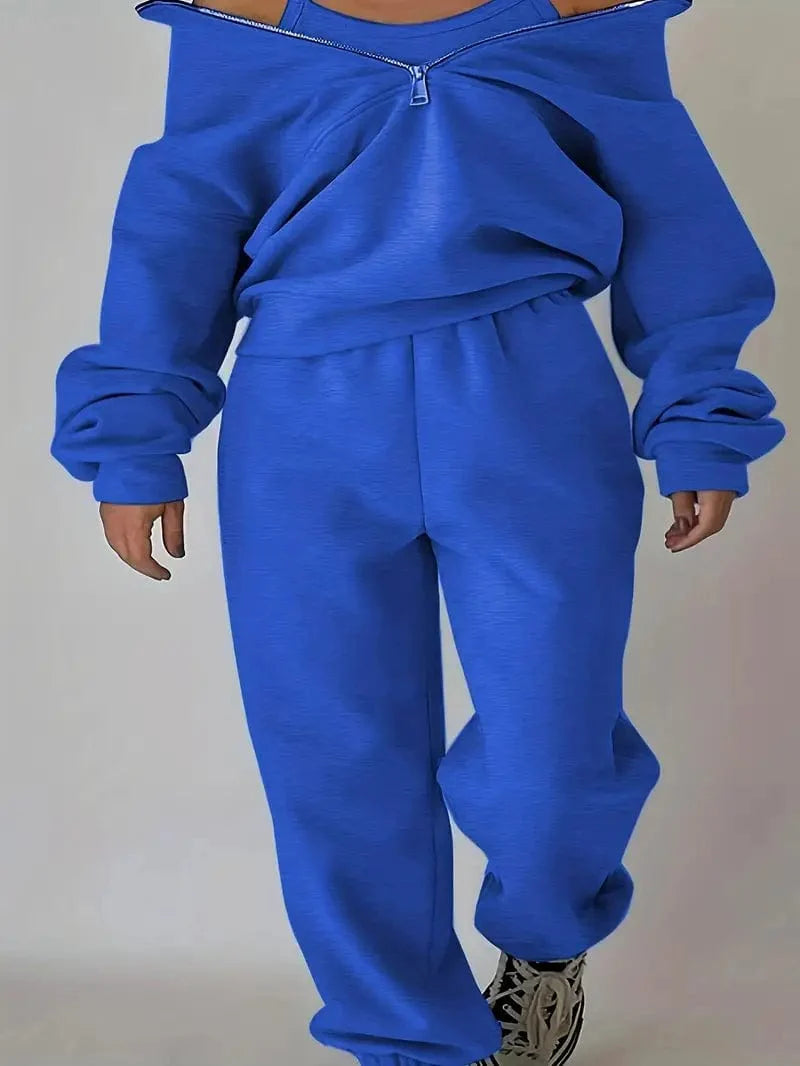 Cozy Matching Lounge Set: Zip Up Sweater & Solid Joggers Ensemble, Women's Apparel
