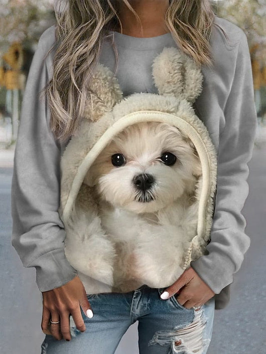 Gray Dog Print V-Neck Sweatshirt for Women with Long Sleeves
