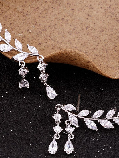 Elegant Leaf Design Cubic Zirconia Earrings with Tassel Pendant