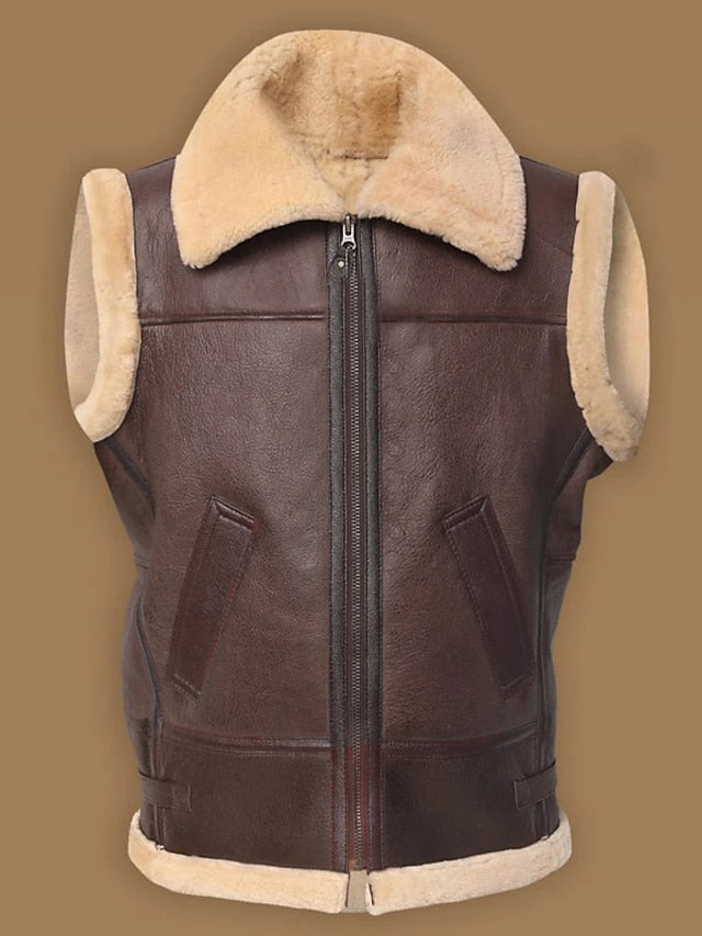 Vintage Retro Men's Leather Shearling Zip-Up Vest with Faux Fur Lining in Deep Green