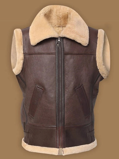 Vintage Retro Men's Leather Shearling Zip-Up Vest with Faux Fur Lining in Deep Green