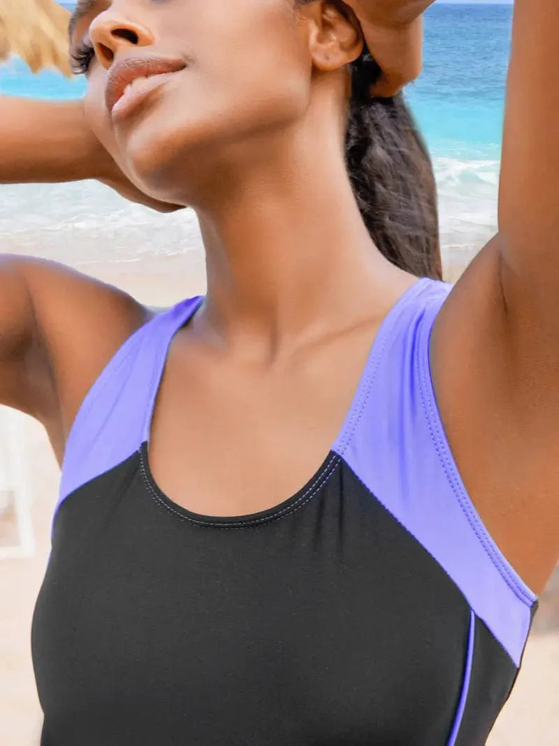 Cut Out Color Block Actionback One-piece Swimsuit, Scoop Neck Stretchy Surfing Water Sports Beachwear Women's Swimwear & Clothing