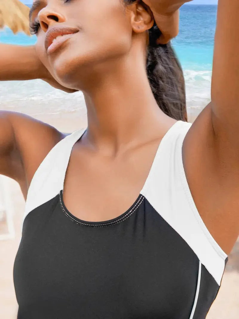 Cut Out Color Block Actionback One-piece Swimsuit, Scoop Neck Stretchy Surfing Water Sports Beachwear Women's Swimwear & Clothing