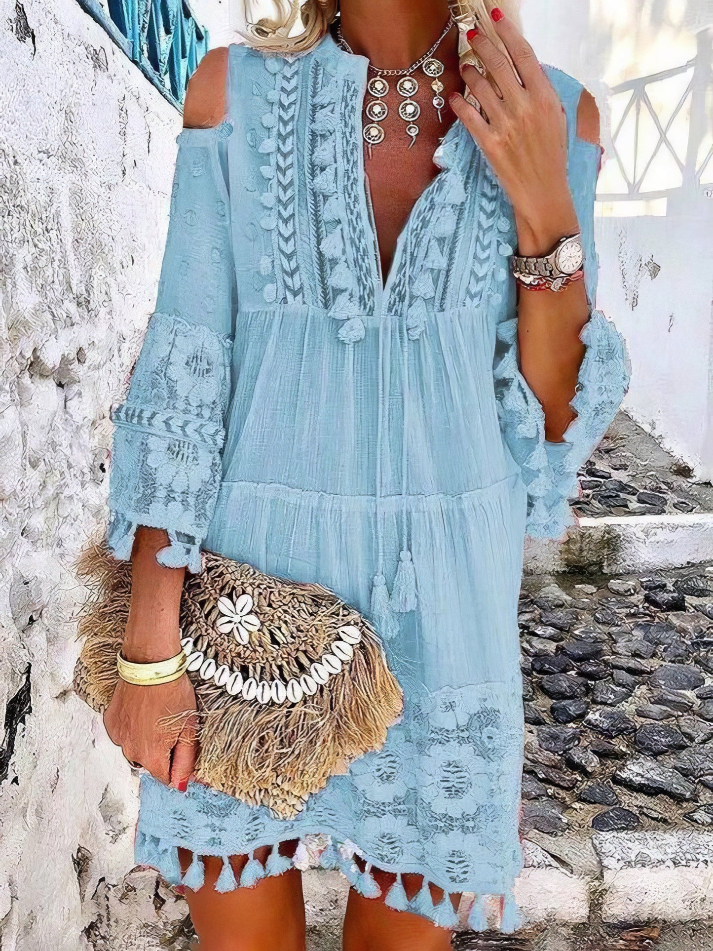 Cute Tassel Off Shoulder Deep V-neck Dress