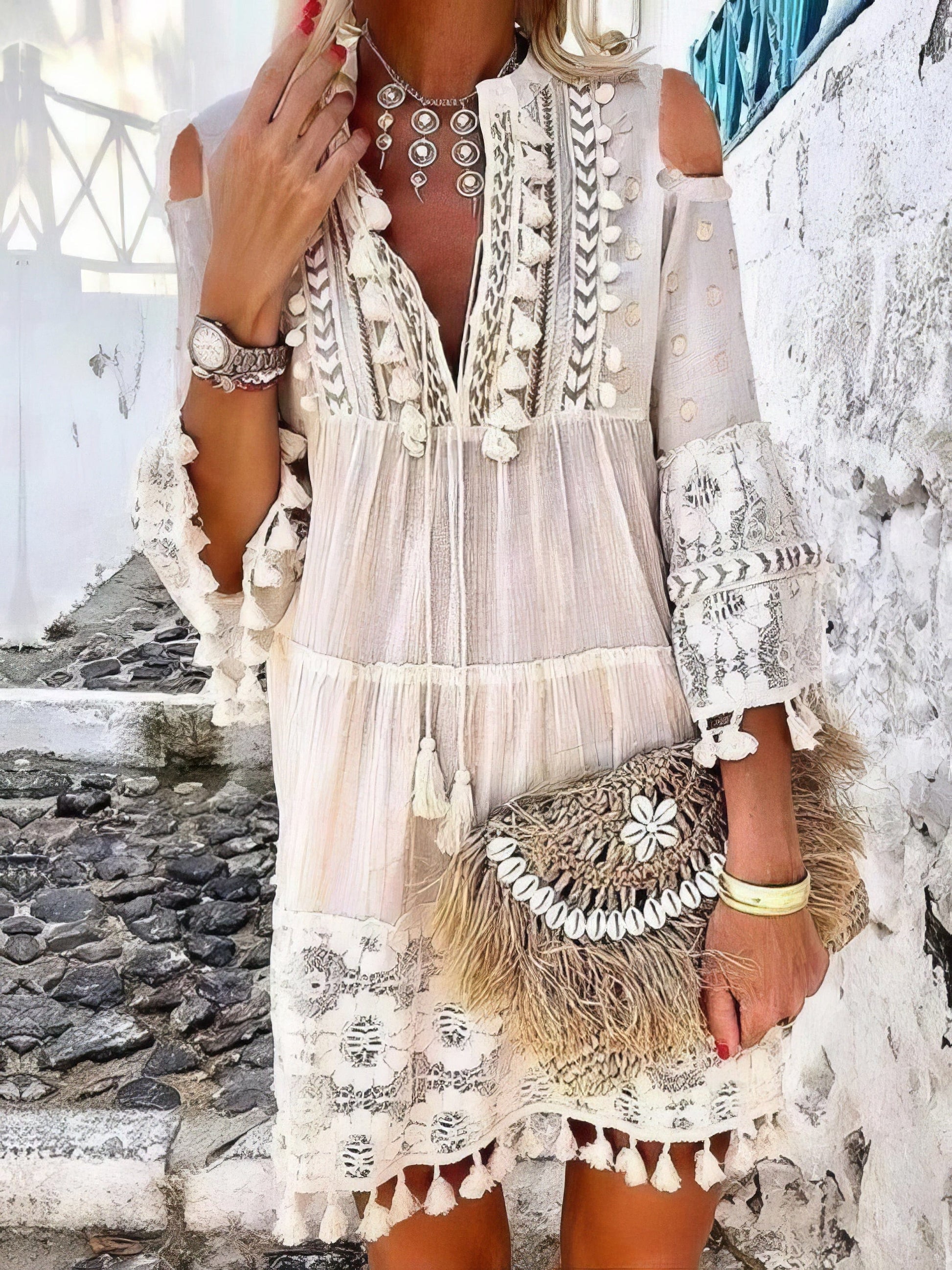 Cute Tassel Off Shoulder Deep V-neck Dress