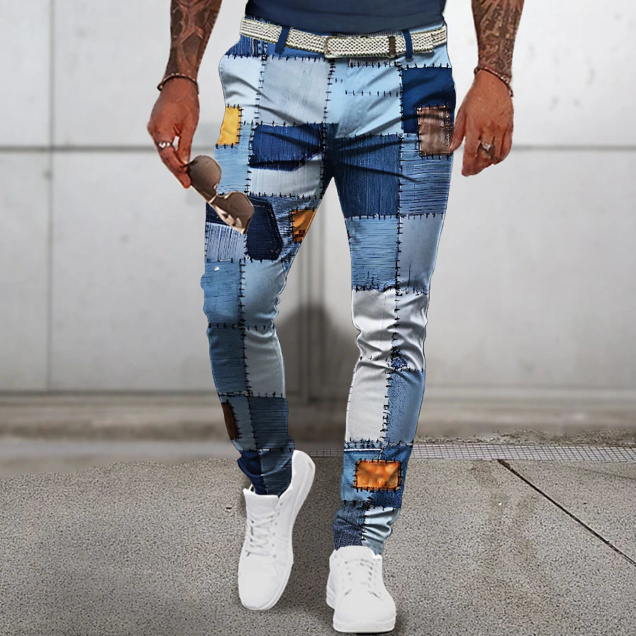 Christmas Patchwork Denim Pants Mens Graphic Plaid Geometry Business 3D Print Trousers Outdoor Street Wear To Polyester Navy Blue Royal Mid Waist Elasticity Casual Navy-Blue