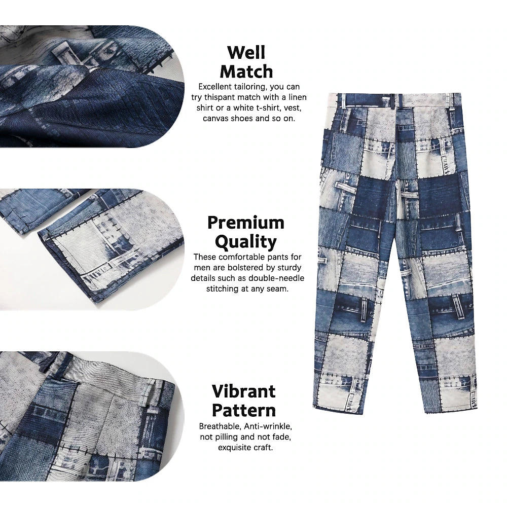 Christmas Patchwork Denim Pants Mens Graphic Plaid Geometry Business 3D Print Trousers Outdoor Street Wear To Polyester Navy Blue Royal Mid Waist Elasticity Casual Navy-Blue