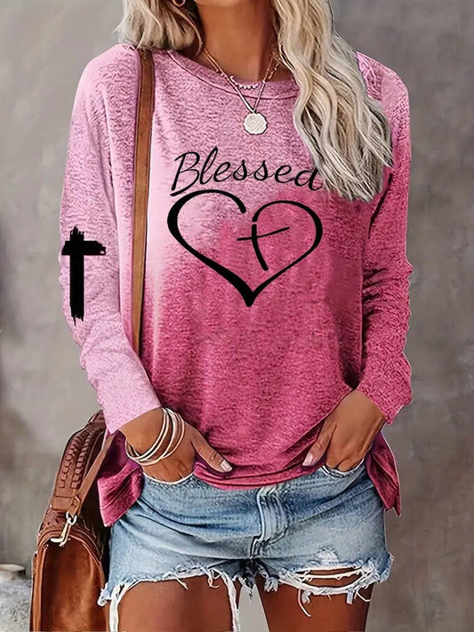 Heart & Letter Graphic Tee, Stylish Long Sleeve Crew Neck Shirt for Spring & Summer, Women's Apparel