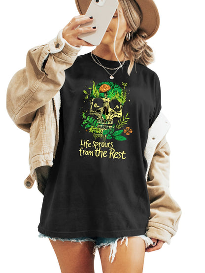 Skull Print T-shirt, Short Sleeve Crew Neck Casual Top For Summer & Spring, Women's Clothing