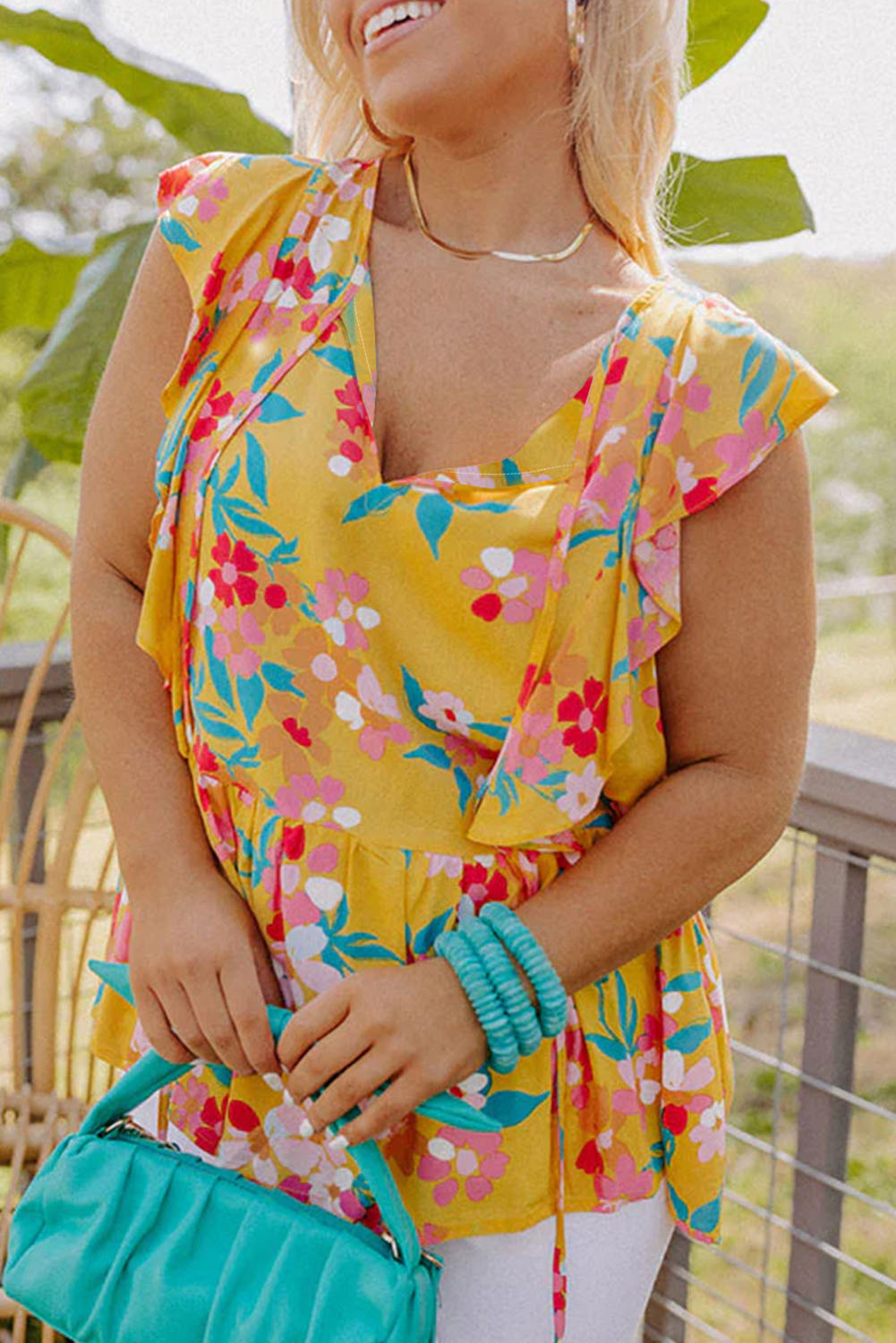 Yellow Plus Size Ruffle Trim Tie Neck Floral Peplum Tank Top