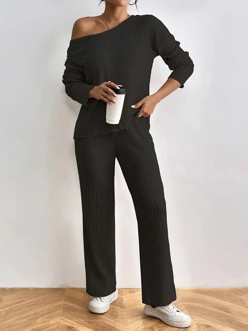 Solid Ribbed Knit V Neck Top and Wide Leg Pants Set for Women