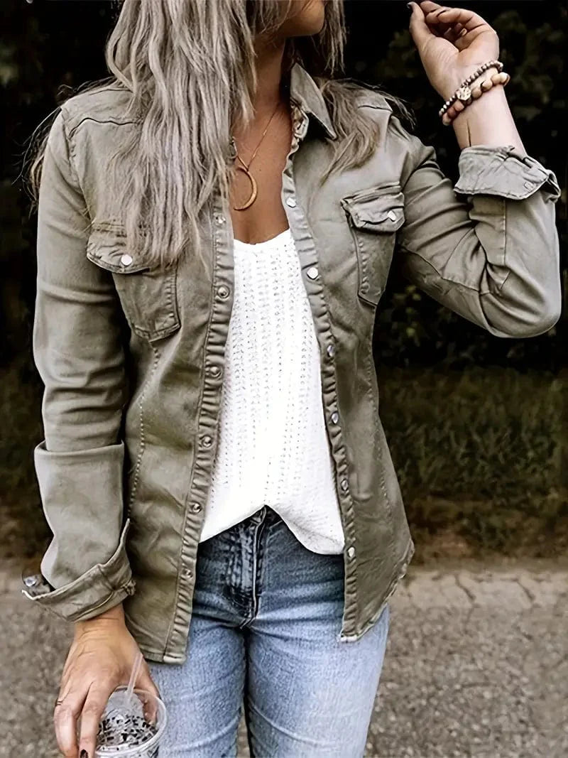 Long-Sleeve Grey Denim Jacket with Flap Pockets, Single-Breasted Button Closure and Lapel Collar, Women's Apparel