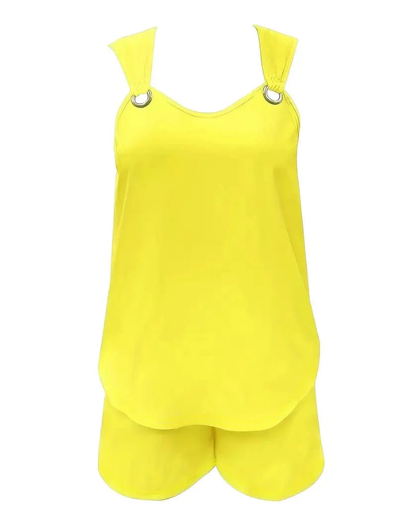Women's Solid Tank Top and Shorts Set, Stylish V Neck Sleeveless Outfit for Summer