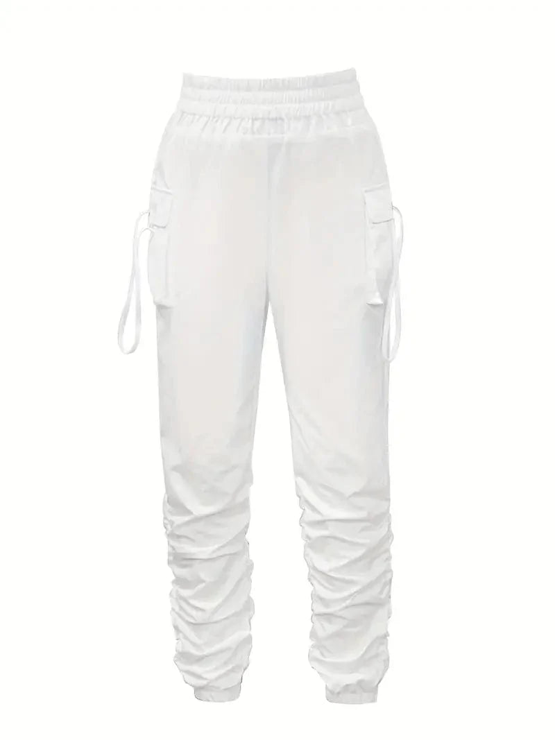 Ruched Cargo Jogger Pants with Elastic Waistband and Flap Pockets
