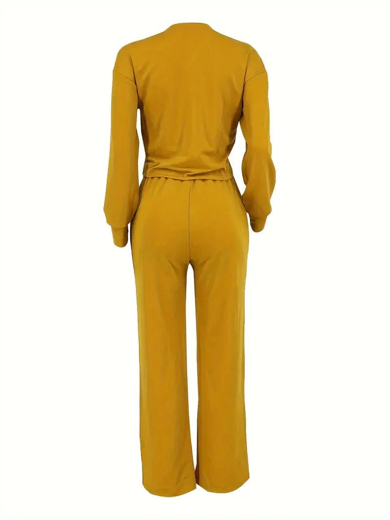 Versatile Solid Co-ord Set with Long Sleeve Crew Neck Top & Drawstring Straight Leg Pants, Women's Outfit