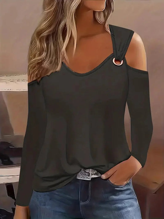 Ring Detail Cold Shoulder T-Shirt with Long Sleeves for Women, Stylish Top for Spring & Fall