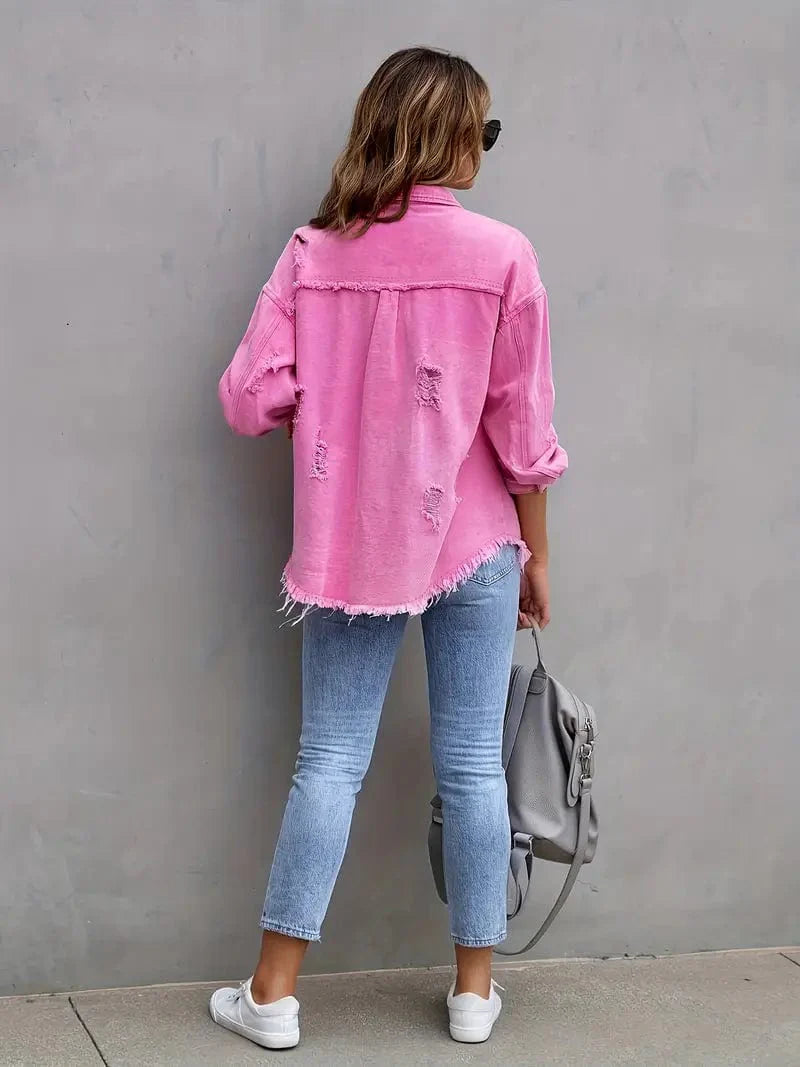 Ripped Denim Jackets with Distressed Hem and Lapel, Long Sleeve Casual Coat for Women