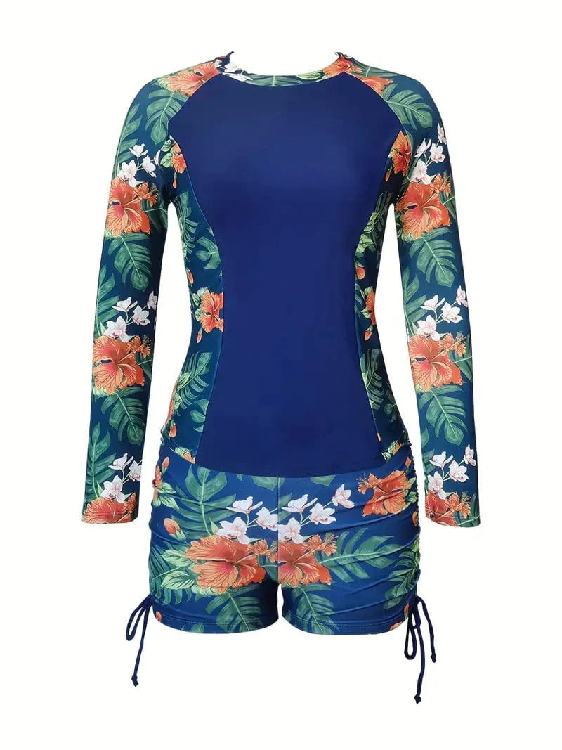 Nautical Navy Blue Tropical Print Swim Set with Sun Protection for Women