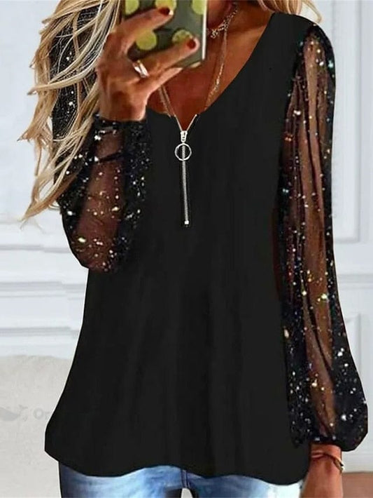 Dazzling Black Sequins Mesh Patchwork Blouse with Lantern Sleeves