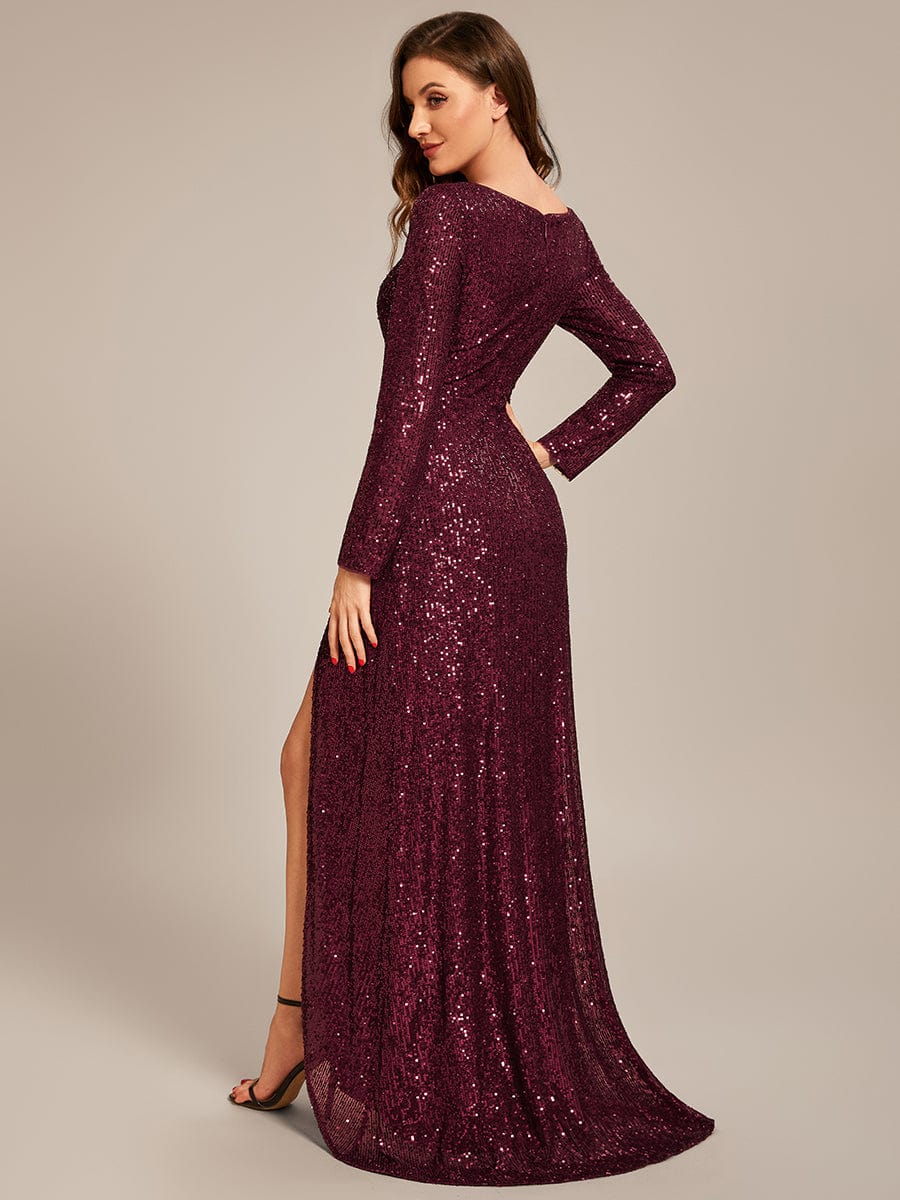 Dazzling Paillette A-Line Evening Dress with Deep V-Neck and Split Sleeves