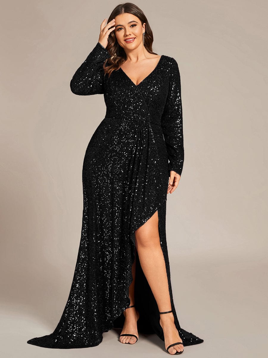 Dazzling Paillette A-Line Evening Dress with Deep V-Neck and Split Sleeves