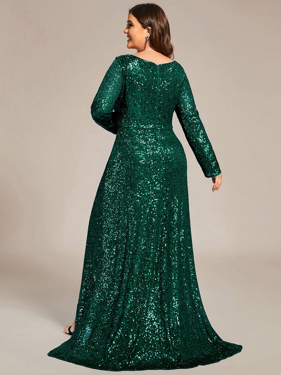 Dazzling Paillette A-Line Evening Dress with Deep V-Neck and Split Sleeves