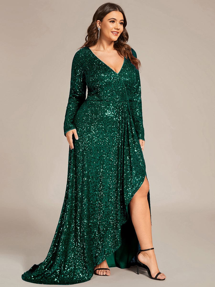 Dazzling Paillette A-Line Evening Dress with Deep V-Neck and Split Sleeves