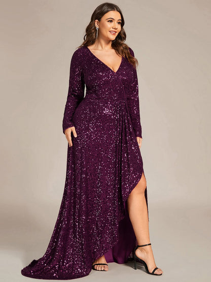 Dazzling Paillette A-Line Evening Dress with Deep V-Neck and Split Sleeves