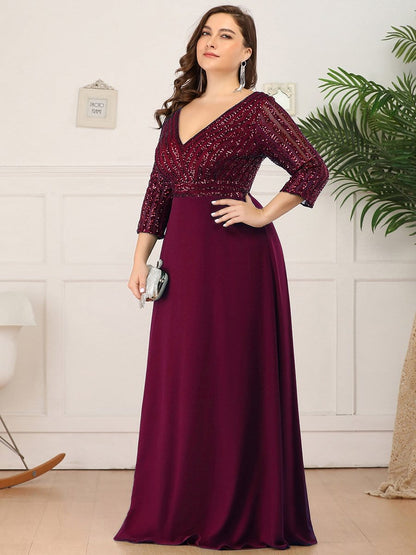 Dazzling Sequin A-Line Plus Size Evening Gown with Long Sleeves