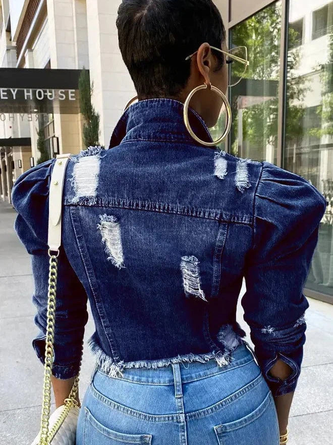 Unique Denim Jacket Collection: Ripped Long Puff Sleeve Denim Jackets, Button-Up Cropped Coats, Women's Denim Outerwear