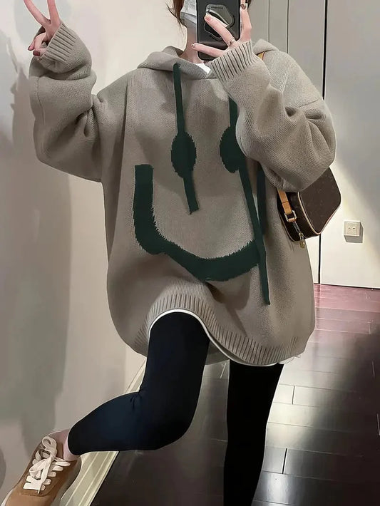 Happy Face Graphic Drawstring Hoodie, Relaxed Fit Long Sleeve Drop Shoulder Top, Women's Fashion