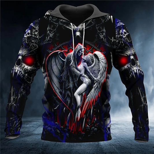 Halloween Mens Graphic Hoodie Pullover Sweatshirt Black Hooded Skull Prints Daily Sports 3D Basic Streetwear Designer Spring & Fall Clothing Gothic Skulls Angel And Demon Cotton Death