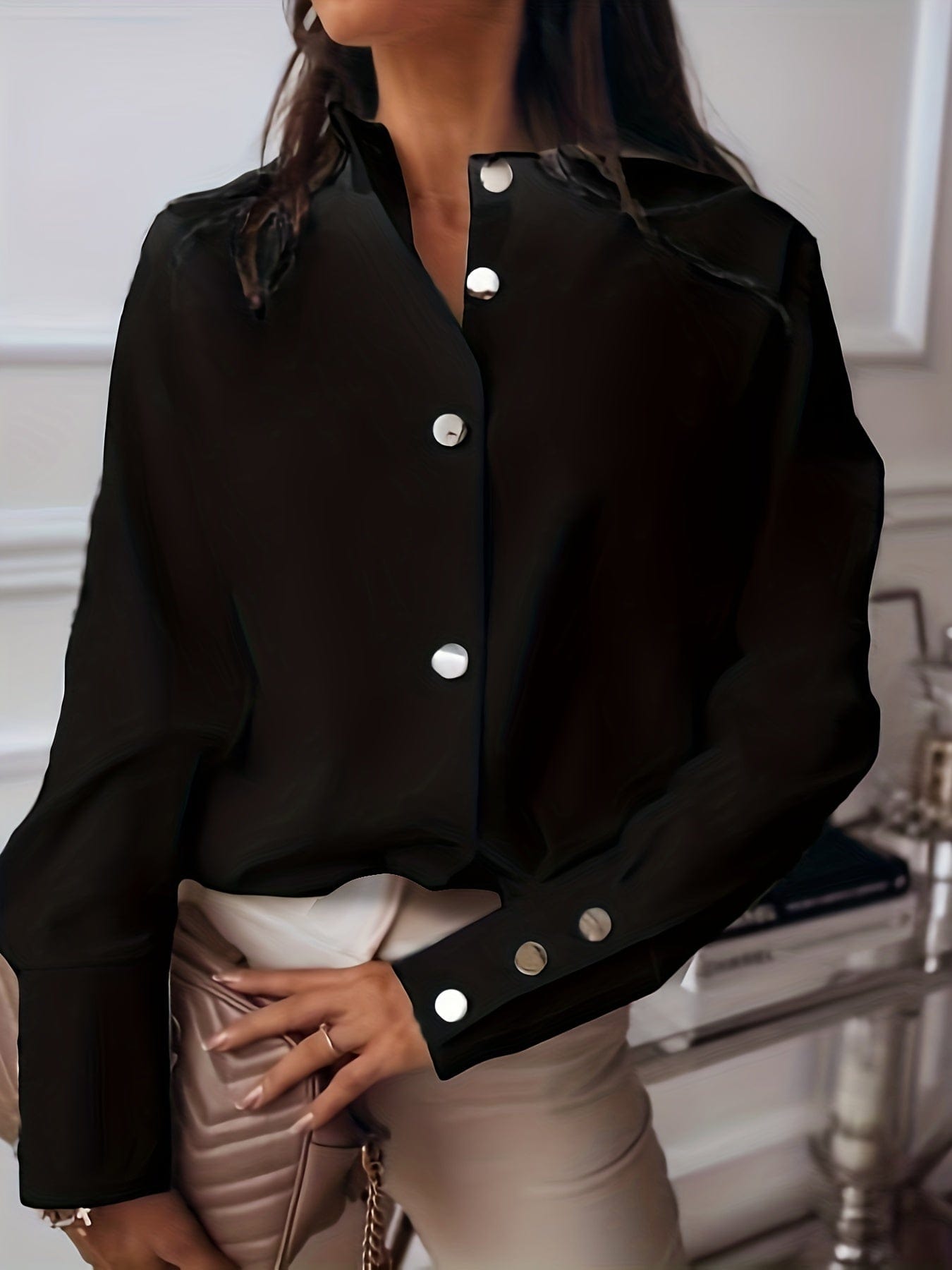 Stylish Solid Office Button Lapel Long Sleeve Blouse