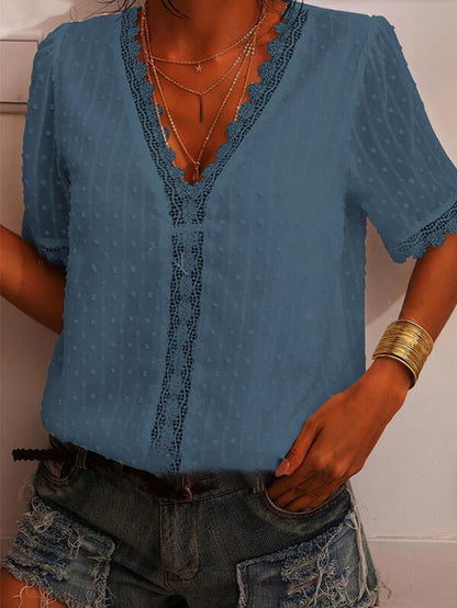 Deep V-neck Embroidered Lace Chiffon Blouse