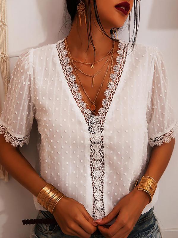 Deep V-neck Embroidered Lace Chiffon Blouse