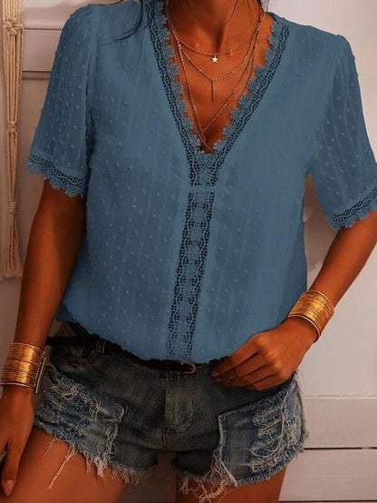 Deep V-neck Embroidered Lace Chiffon Blouse