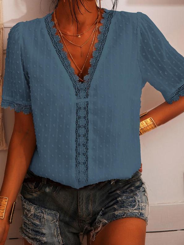 Deep V-neck Embroidered Lace Chiffon Blouse