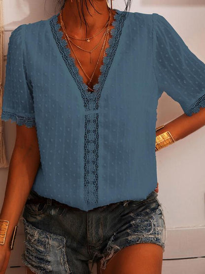 Deep V-neck Embroidered Lace Chiffon Blouse