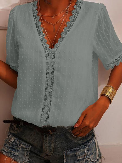 Deep V-neck Embroidered Lace Chiffon Blouse