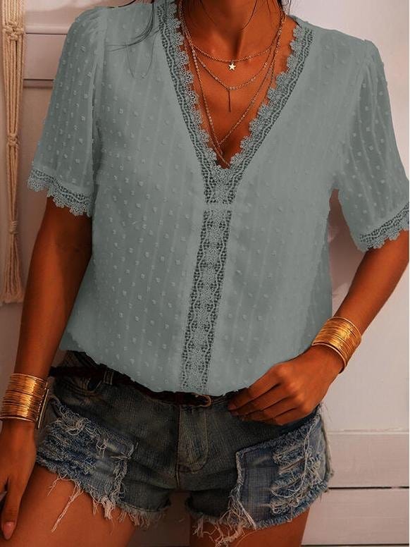 Deep V-neck Embroidered Lace Chiffon Blouse